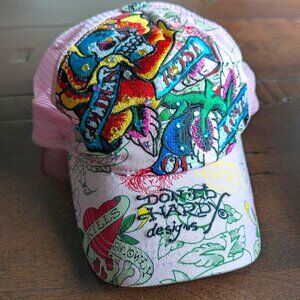 Don Ed Hardy Rhinestone Mesh Hot Pink Hat - Heart & Skull 2000s Y2K Vintage